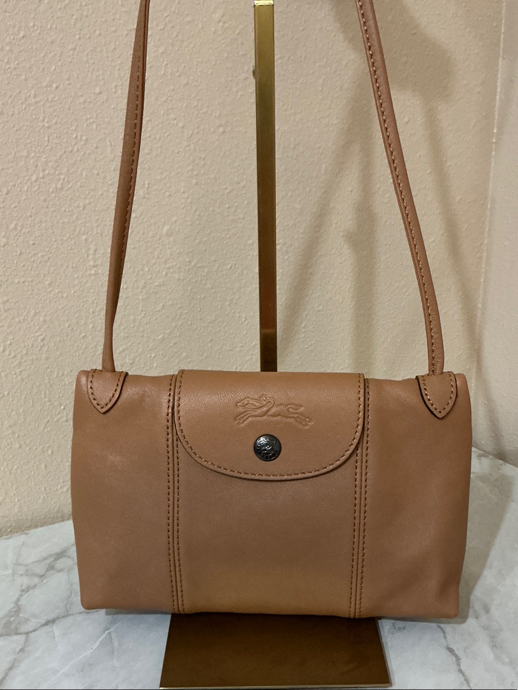 Longchamp Le Pliage Cuir Lambskin Tan Crossbody Bag Absolutely Gorgeous (Euc)